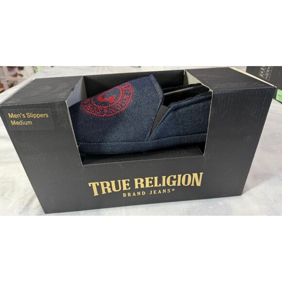 True Religion Other - True Religion Men’s Denim Slippers Medium Blue Red Logo New With Box